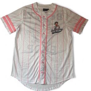Betty Boop Pink Pinstripe Baseball Jersey Button Front Graphic Tee Shirt Small S